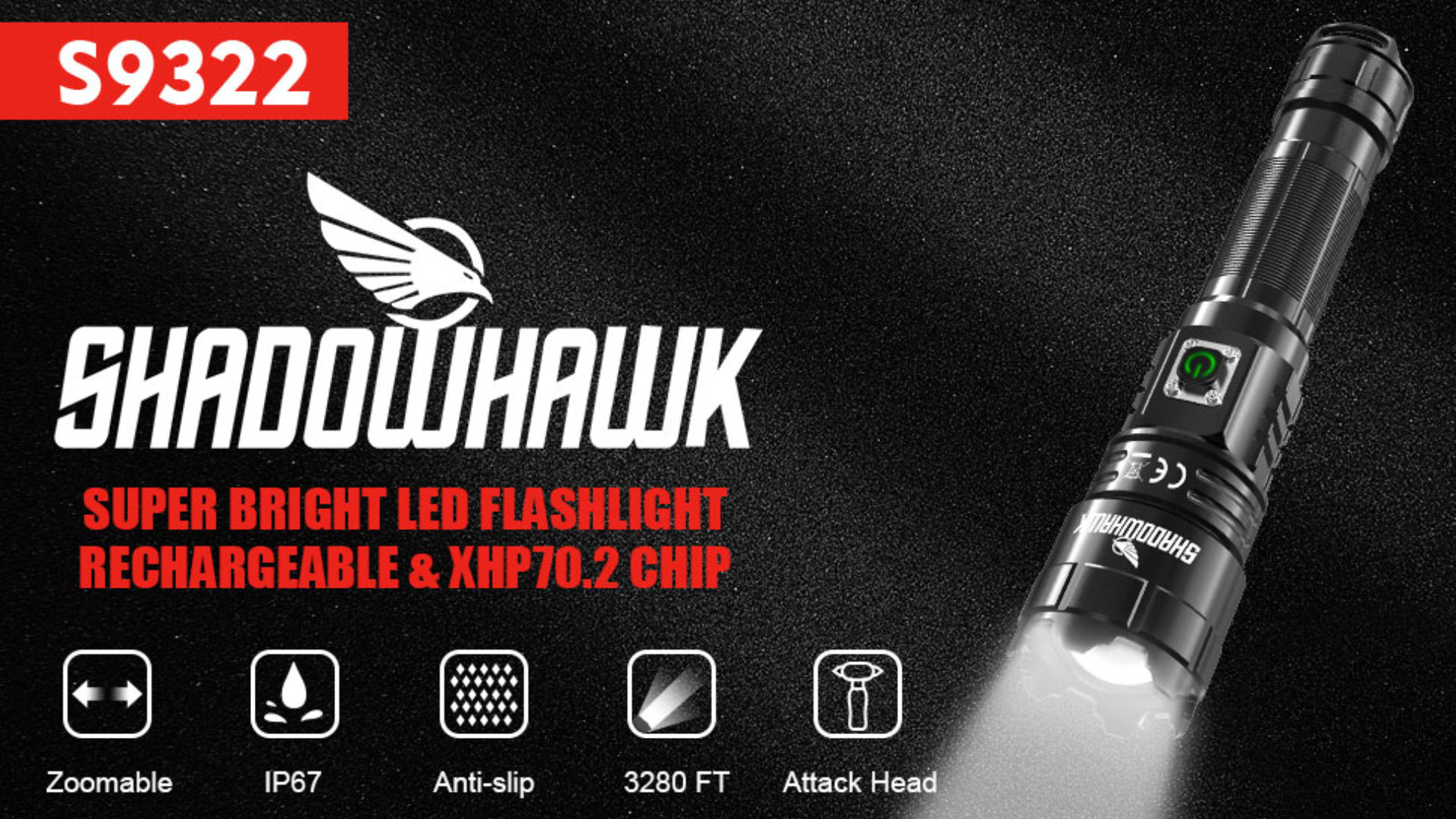 Shadowhawk XHP70.2 Ultra-Bright Rechargeable Tactical Flashlight